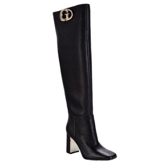 Guess Shoes - Guess Elandre Black Leather Over the Knee Heeled Gold Signature Boots 5.5 NEW